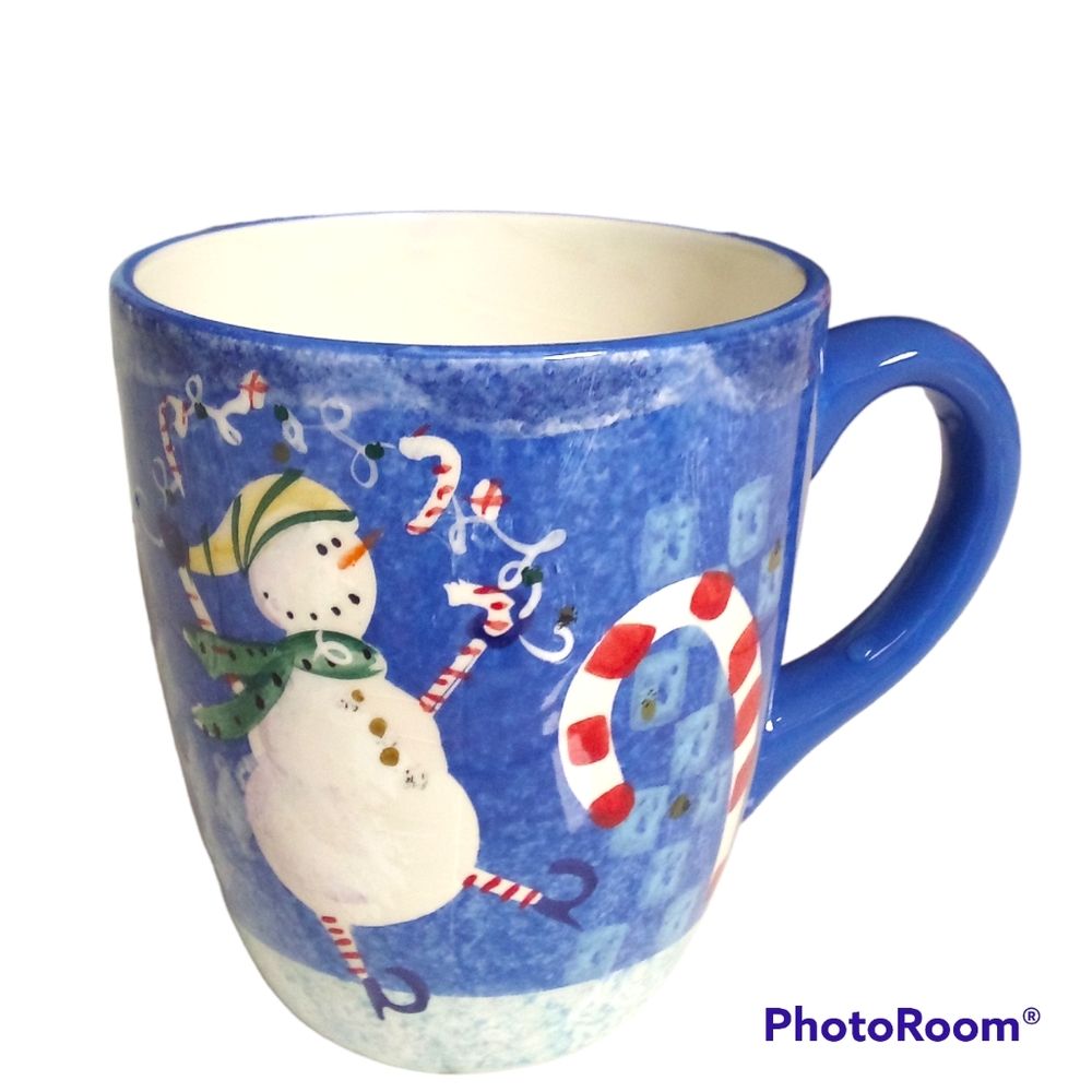 Sakura SNOW PALS Zulauf Designs Blue Snowman and candy cane coffee mug